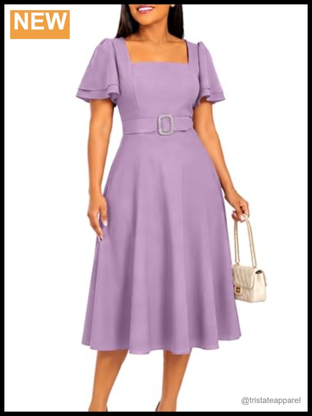 Women's Short Sleeve Square Neck Midi Dress with Corset Belt Ruffle Hem